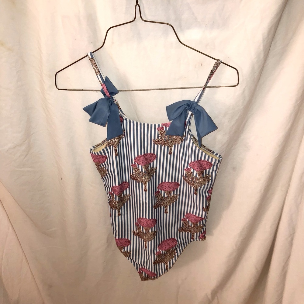 Blue and white striped rose swim suit